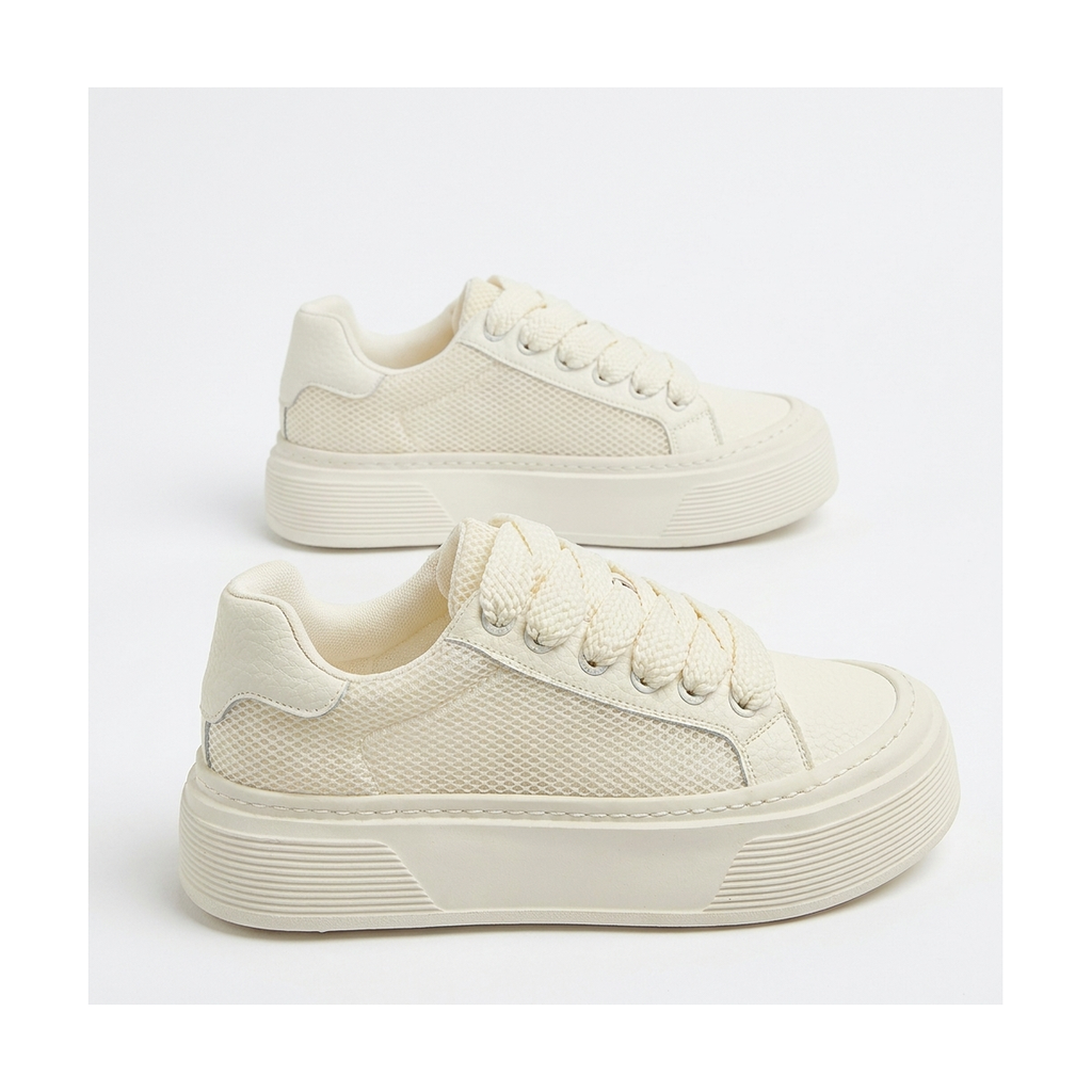 Beige & Gray Mesh Platform Sneakers