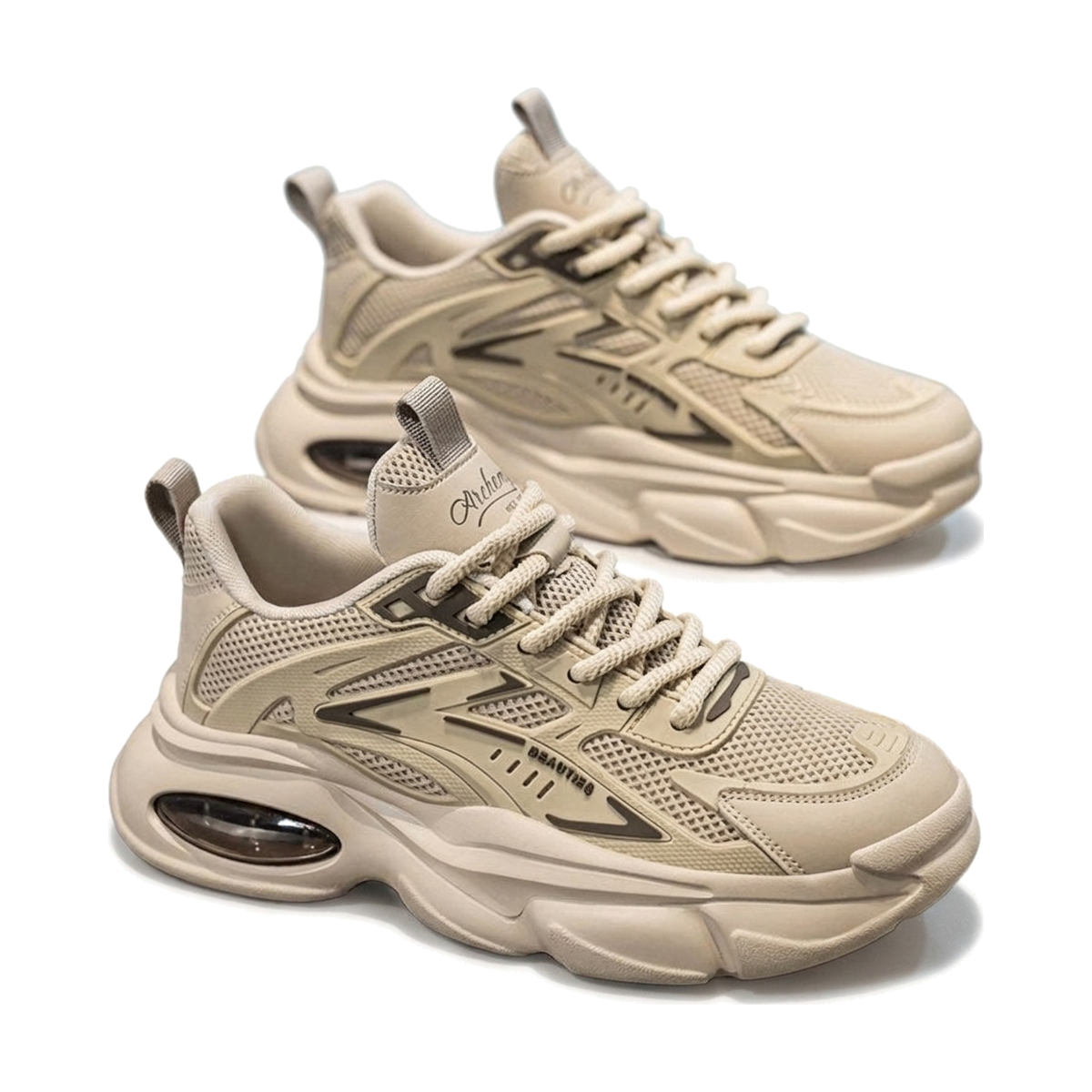 Men's Mesh Platform Running Sneakers in White & Sage