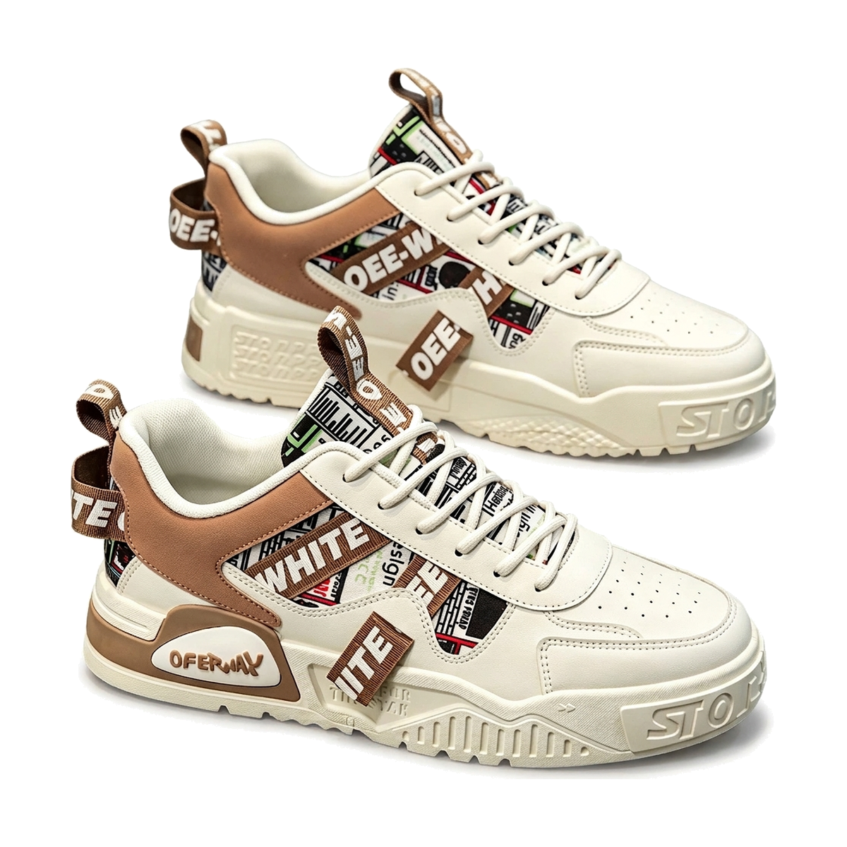 Men's Retro Platform Sneakers - White & Beige