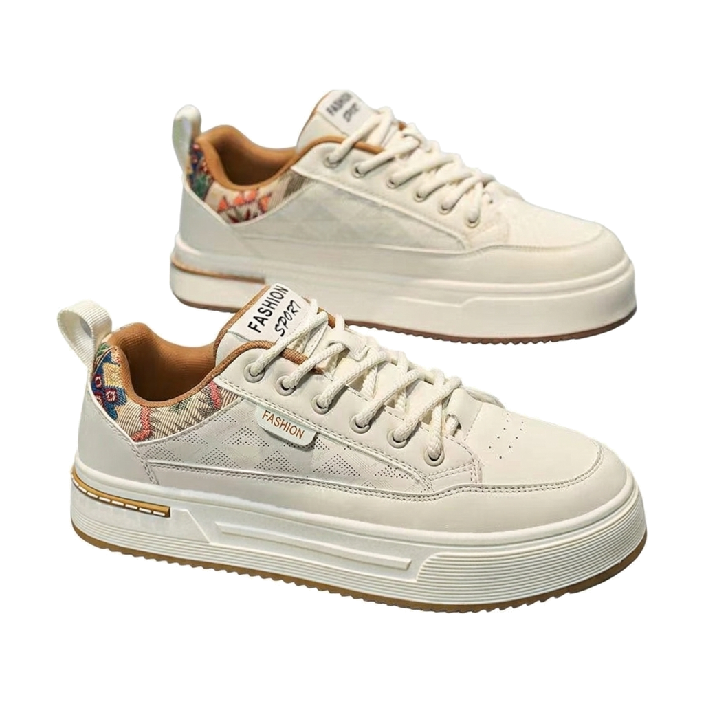 Men's White & Beige Retro Sneakers