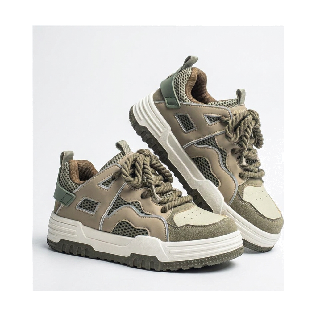 Men's Retro Platform Sneakers in White, Gray & Olive