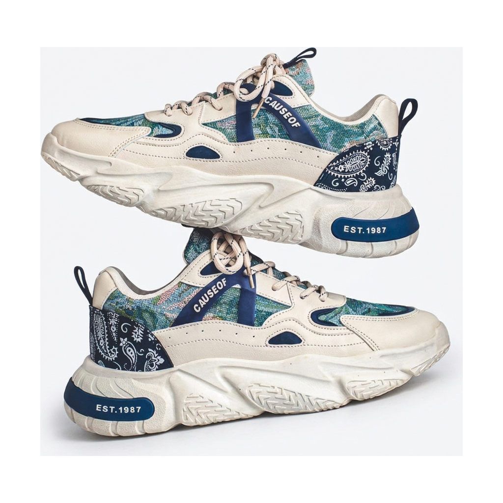 Men's White, Navy & Cream Platform Sneakers