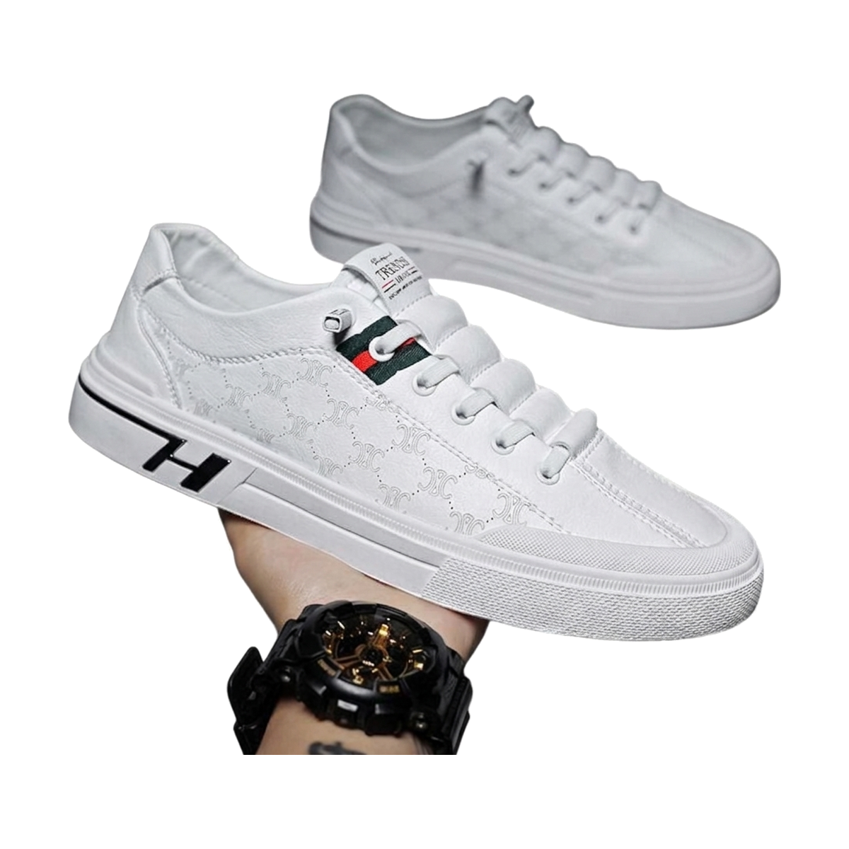 Men's White, Silver & Black Slip-On Sneakers