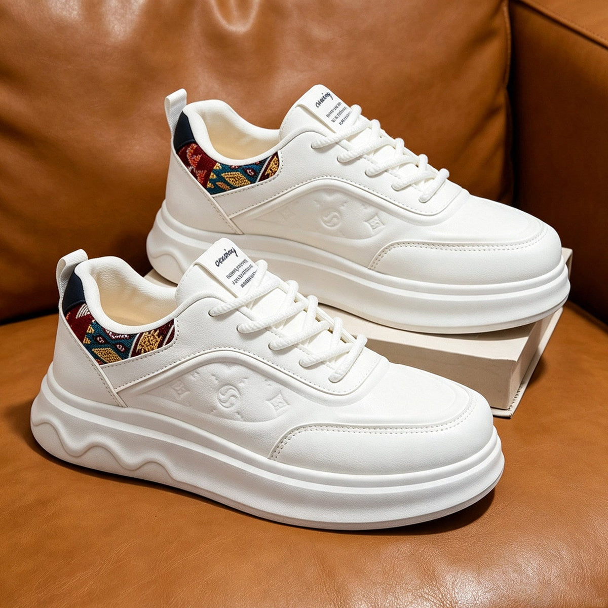 Men's Retro Platform Sneakers in White, Brown & Cream