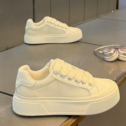 Beige & Gray Mesh Platform Sneakers
