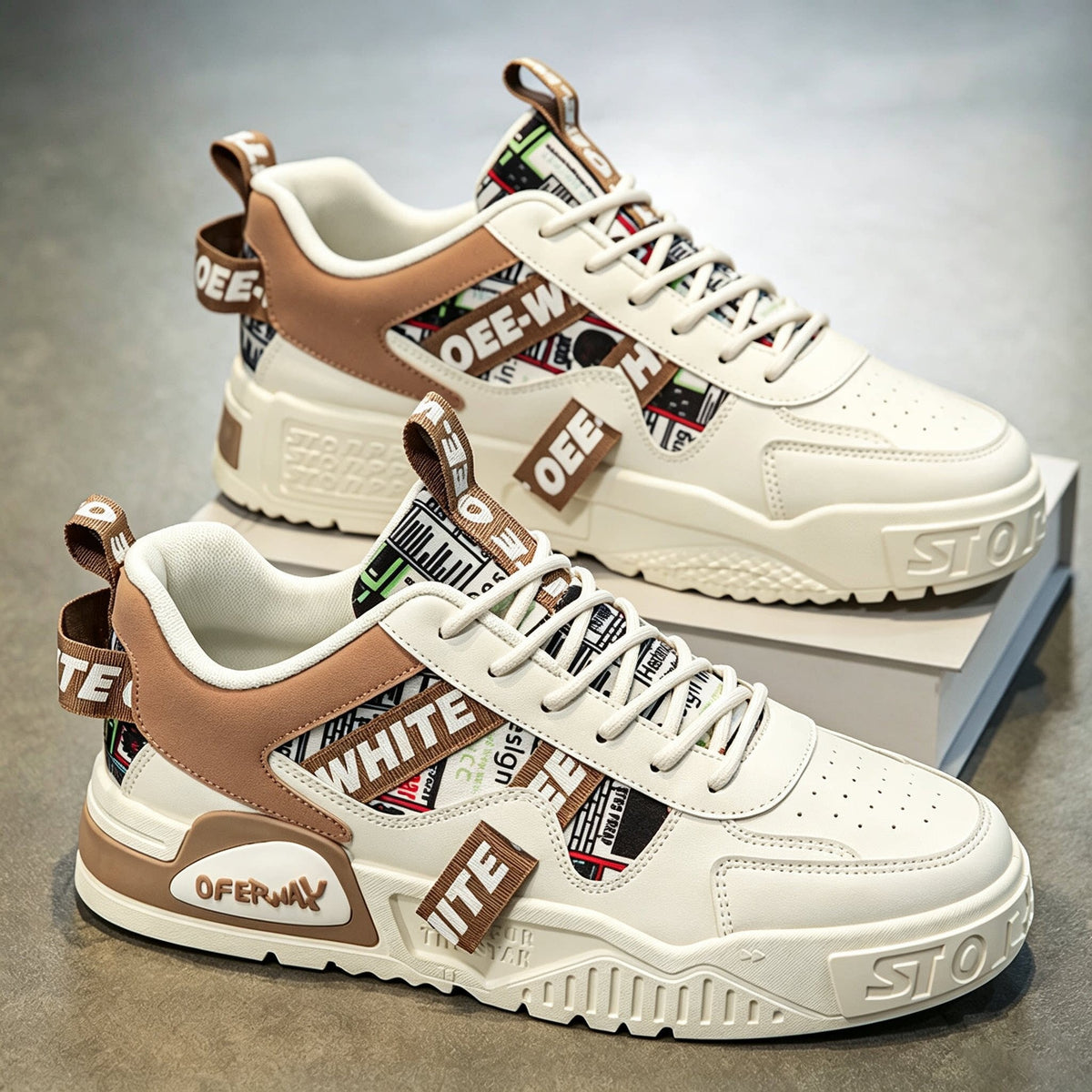 Men's Retro Platform Sneakers - White & Beige
