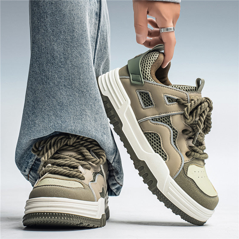 Men's Retro Platform Sneakers in White, Gray & Olive