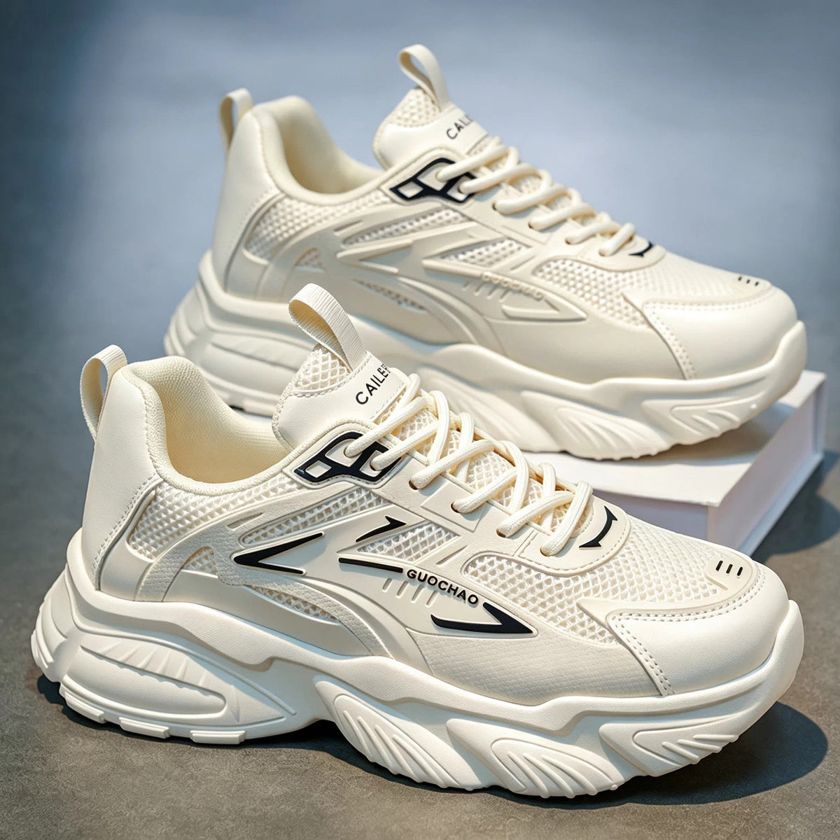 Men's White & Silver Mesh Platform Sneakers