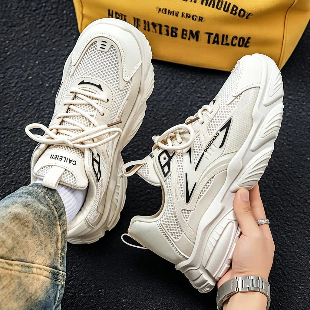 Men's White & Silver Mesh Platform Sneakers