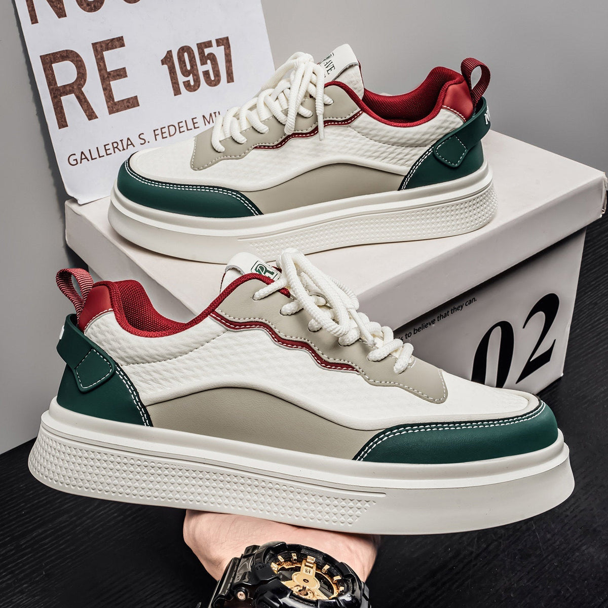Silver & Beige Retro Sneakers for Men