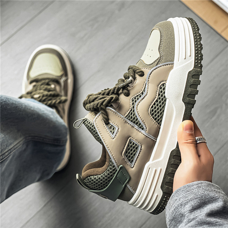 Men's Retro Platform Sneakers in White, Gray & Olive